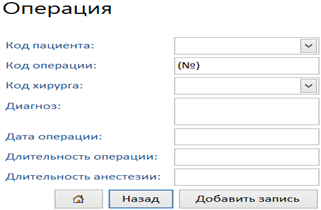 Ведение таблицы данных «Операция», содержащей информацию о поставленном диагнозе и проведённой операции