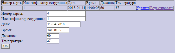 Просмотр и редактирование данных из БД «Температура»